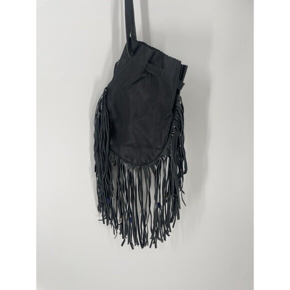 Handmade Native Medicine Pouch Necklace Black Leather Fringe Bead Bag - Picture 3 of 6